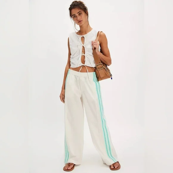 NWT FREE PEOPLE Team Spirit Pull-On Pants In Bleached Aqua Combo MSRP $128 - Picture 2 of 11